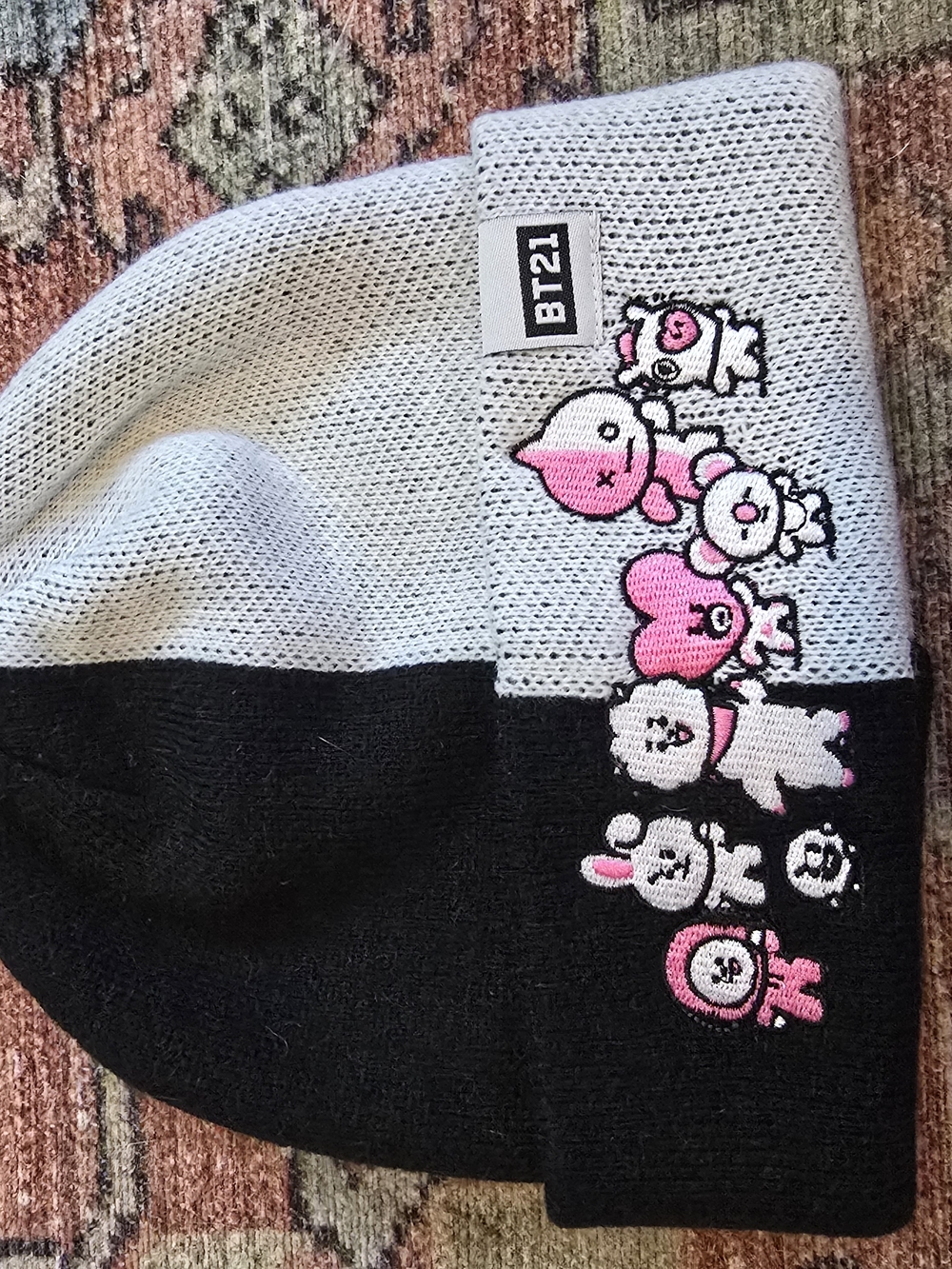 BTS Two-Tone Knit Beanie Hat in White and Black